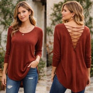 Express rust drape front lace up back pullover sweater ❤️